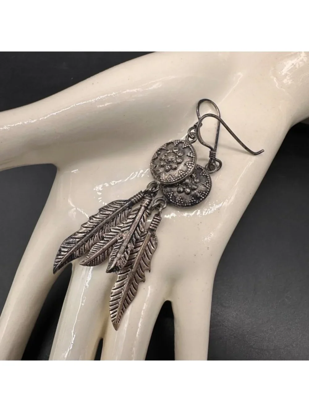 Western Sterling Silver Concho Feather Dangle Earrings Western Boho Statement